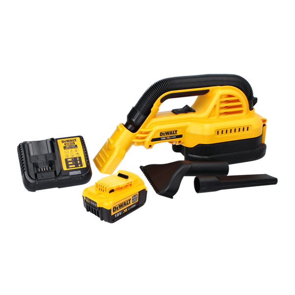 DeWalt Akku-Handstaubsauger Set mit 18 Volt Akku, Ladegerät und verschiedenen Düsenaufsätzen.