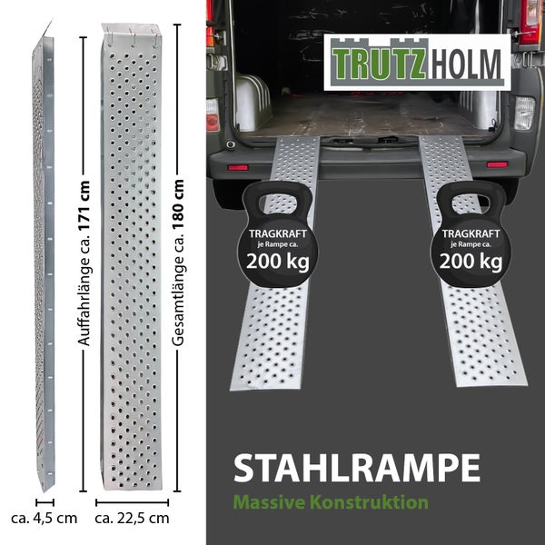 Trutzholm Stahlrampe mit einer Tragkraft von 200 Kilogramm pro Rampe, Gesamtlänge circa 180 Zentimeter, Breite circa 22,5 Zentimeter.