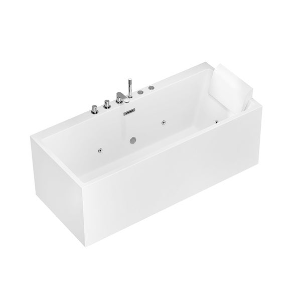 Weiße rechteckige Whirlpool-Badewanne mit integrierten Armaturen und einem Nackenkissen.