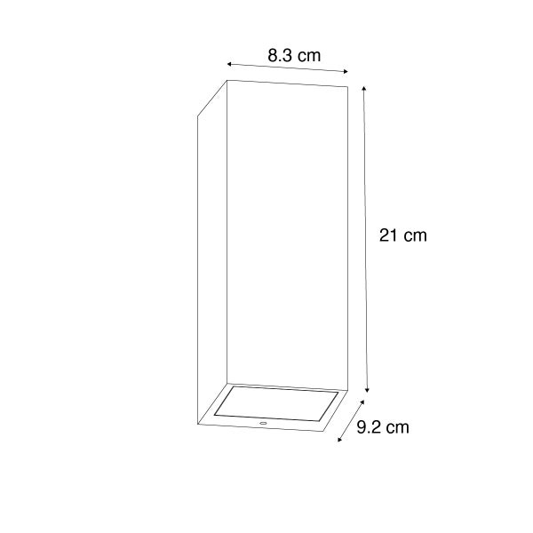 Zeichnung einer rechteckigen Wandleuchte mit den Maßen 8,3 Zentimeter Breite, 21 Zentimeter Höhe und 9,2 Zentimeter Tiefe.