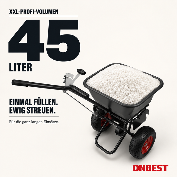 Profi-Streuwagen von ONBEST mit 45 Liter Fassungsvermögen und Luftreifen für langanhaltendes Streuen von Dünger oder Streugut. ONBEST Logo.