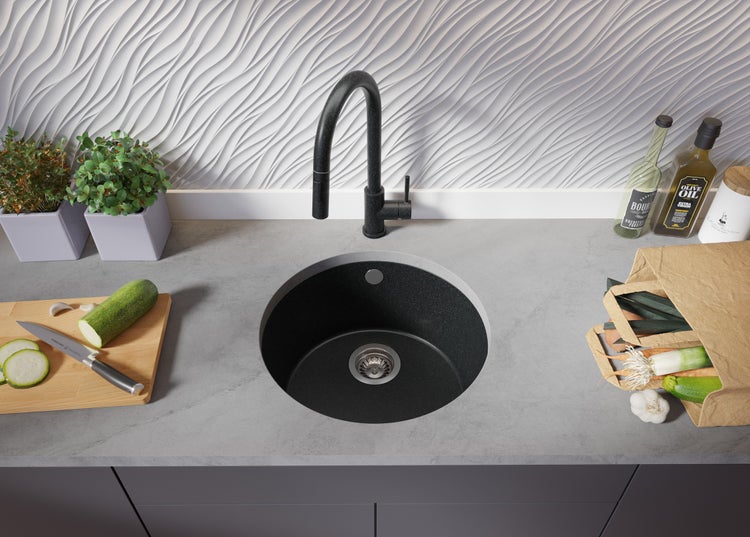 PRIMAGRAN Unterbauspüle Granit Anthrazit 46x46cm, Spülbecken 1 Becken + Küchenarmatur 40x20cm + Ablauf-Set, Granitspüle ab 50er Unterschrank - Valletta