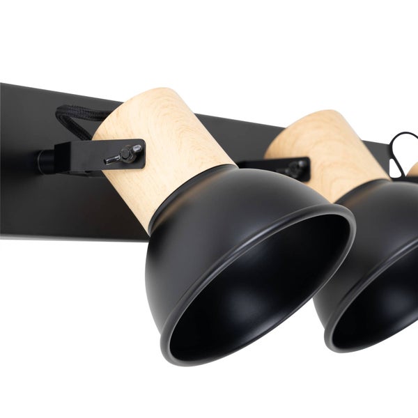 Wandleuchte mit drei Strahlern, Holz und Metall