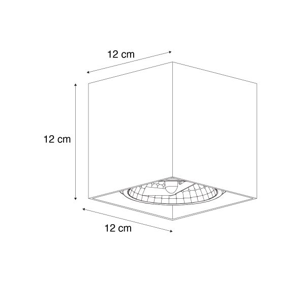Technische Zeichnung einer Deckenleuchte, quadratisch, 12 cm Kantenlänge