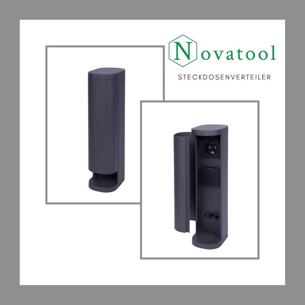 Novatool Steckdosenverteiler für den Außenbereich, Säulenform mit Klappdeckel und integrierten Steckdosen.