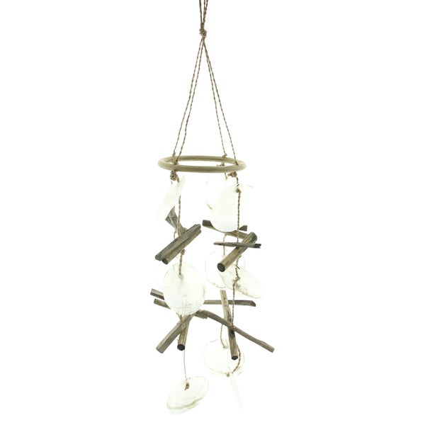 FRANK FLECHTWAREN | Windspiel Capiz, 2er Set, CAPIZ, TREIBHOLZ, HANF, Girlande ca. GH 80 cm, Holzring des Mobile Ø 15 cm