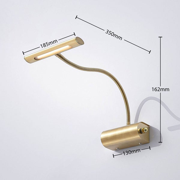 LED-Wandleuchte mit flexiblem Arm und Maßen: Kopf 185 Millimeter, Basis 130 Millimeter, Höhe 162 Millimeter, Ausladung 350 Millimeter.