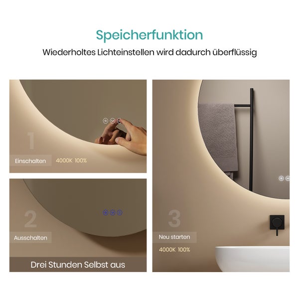 EMKE Badspiegel mit Beleuchtung LED-Spiegel mit Touchschalter ф60cm,  rund, 3 dimmbare Lichtfarben