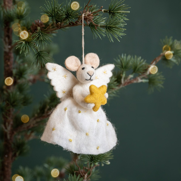 Dekorativer Anhänger in Form einer Maus mit Stern als Christbaumschmuck