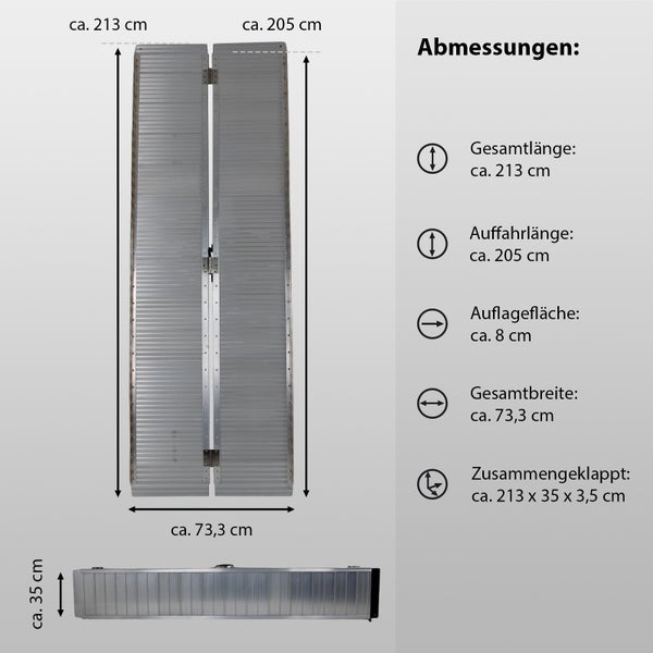TRUTZHOLM Rollstuhlrampe klappbar 213 cm 272 kg Alu grau geriffelt Auffahrrampe Rollator Tragegriff