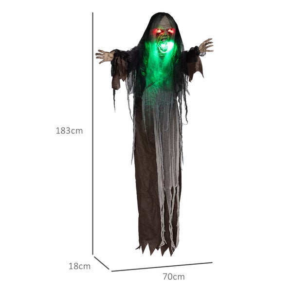 HOMCOM 183cm Halloween Dekoration Hängendes Monster mit grün LED-Lichter, Soundfunktion, Haustür Deko mit verstellbare Arme, Garten Dekofigur in Lebensgröße für Party