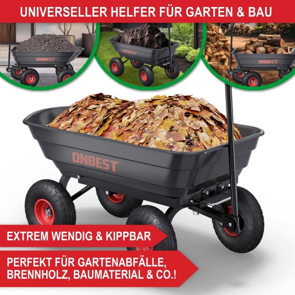 Onbest Transportwagen mit Kippfunktion und Luftreifen, befüllt mit Laub, Steinen, Erde und Kaminholz für Gartenarbeiten und Bauprojekte.