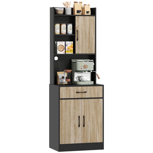 Küchenschrank mit schwarzem Korpus und Fronten in heller Holzoptik, inklusive Regalen, einer Schublade und einem Fach für eine Kaffeemaschine.