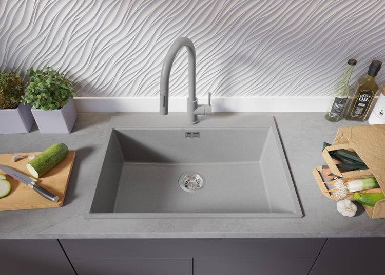 PRIMAGRAN Spülbecken Grau 68x50cm, Granitspüle 1 Becken + Ablauf-Set + Aufrollbare Abtropffläche, Küchenspüle ab 70er Unterschrank - Oslo