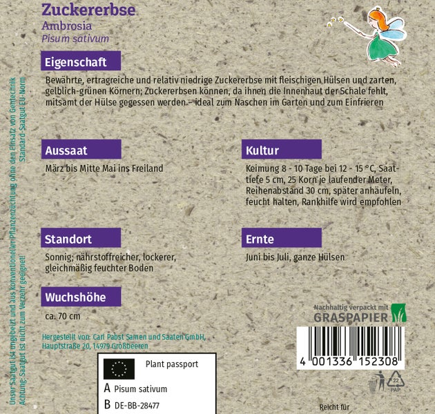 Rückseite der Saatgutpackung für Zuckererbse Ambrosia mit Infos zu Aussaat, Ernte, Wuchshöhe circa 70 Zentimeter und nachhaltiger Verpackung aus Graspapier.