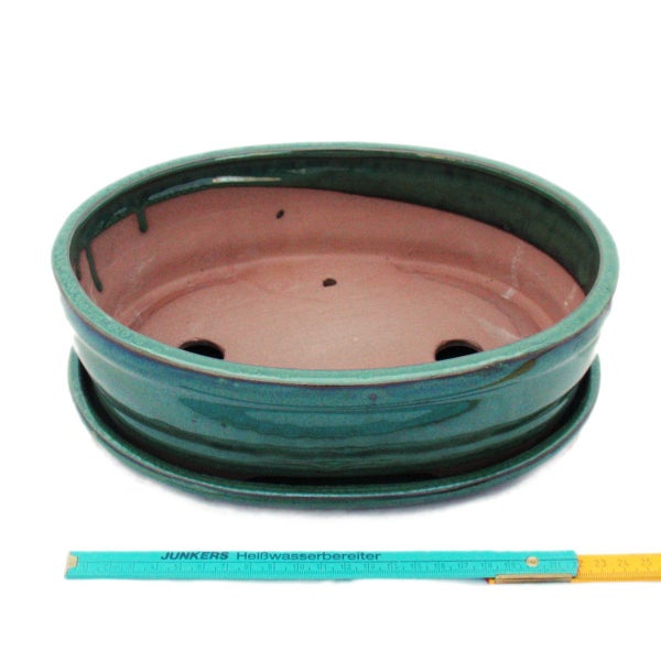 Bonsai-Schale mit Unterteller Gr. 4 - Grün - oval - Modell O7 - L 26cm - B 21cm - H 7,5cm