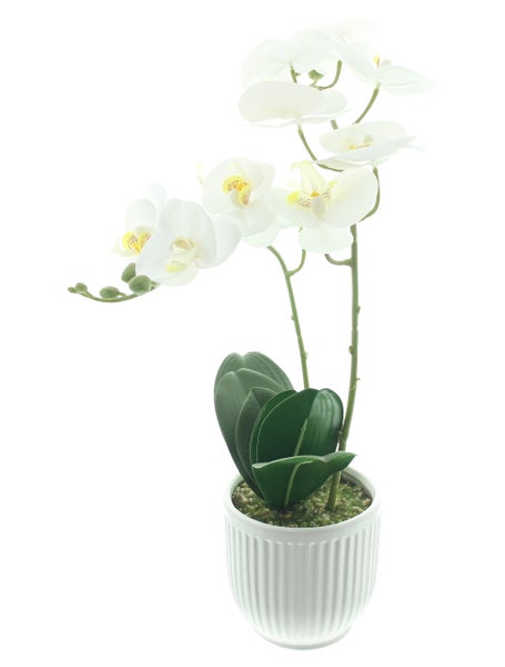 Künstliche Orchidee in einem weißen Topf für die Dekoration