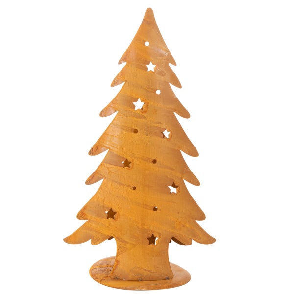 Dekorativer Weihnachtsbaum aus Metall mit Rost-Optik, Stern-Ausstanzungen und rundem Standfuß.