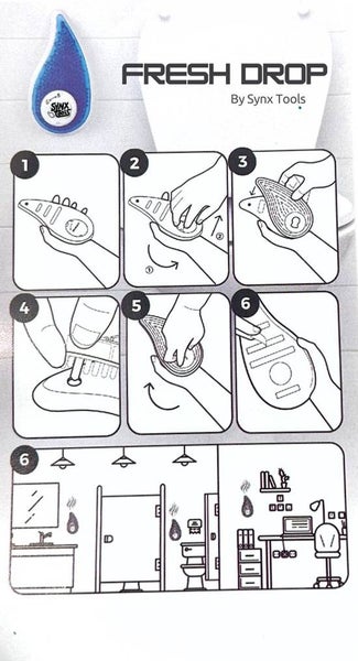 Illustrierte Gebrauchsanweisung für Fresh Drop von Synx Tools mit sechs Schritten zur Anwendung im Badezimmer, am WC und im Büro.
