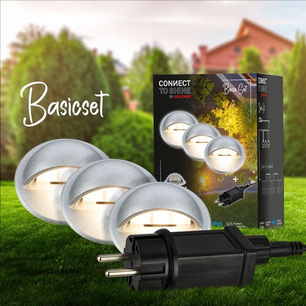 Connect to Shine by Briloner LED Außenbeleuchtung Basis-Set mit drei silbernen runden Strahlern, schwarzem Stecker, Schutzart IP65.
