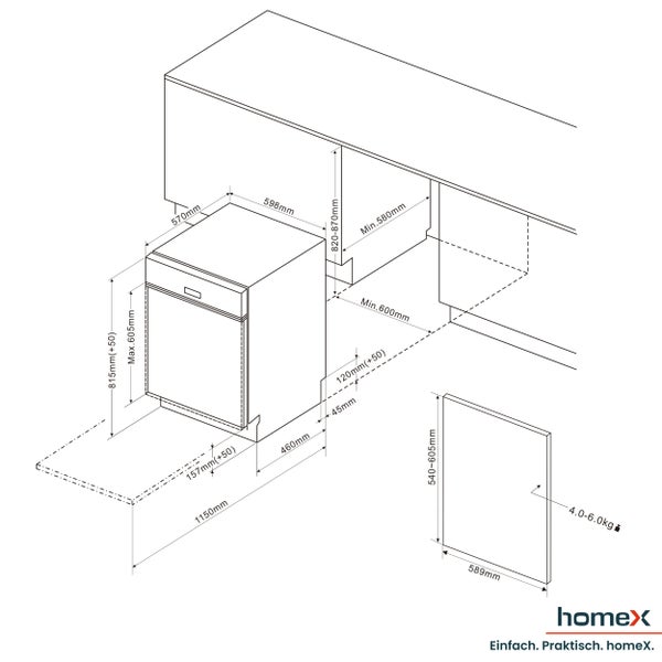 Technische Zeichnung eines Geschirrspülers mit Maßangaben für die Installation