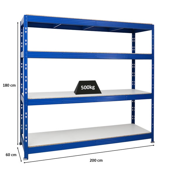 PROREGAL Profi Schwerlastregal Rhino HxBxT 180 x 200 x 60 cm 4 Melamin-Ebenen 16mm Fachlast 500 kg Blau