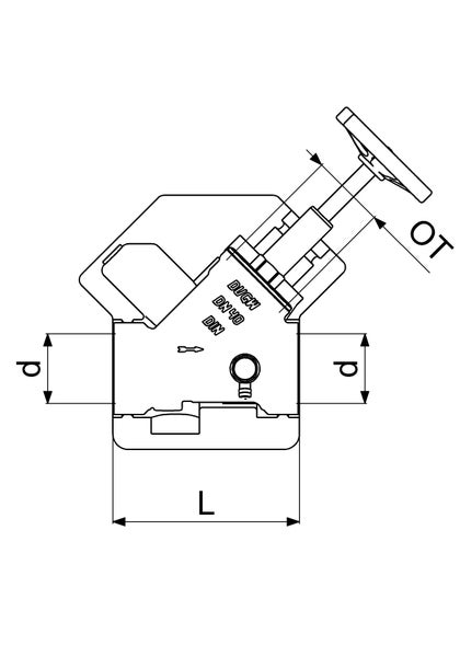 Technische Maßzeichnung eines Schrägsitzventils Nennweite 40 mit Handrad, Markierungen für Länge L, Durchmesser d und Betriebshöhe OT.