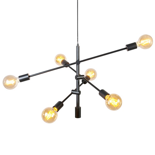 Moderne sechsflammige Pendelleuchte mit Metallstruktur und glühenden Edison Leuchtmitteln für die Wohnraumbeleuchtung.