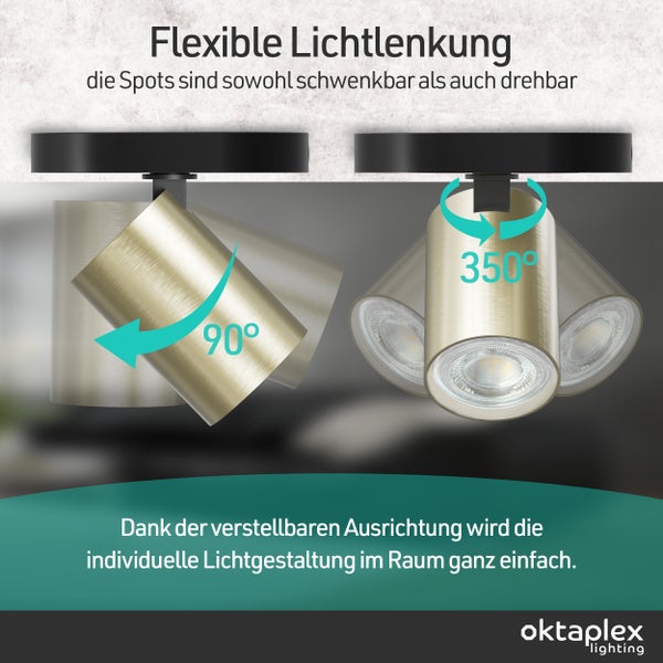 Verstellbarer Deckenstrahler mit 90 Grad Schwenkbereich und 350 Grad Drehbereich für flexible Lichtlenkung. oktaplex lighting Logo.