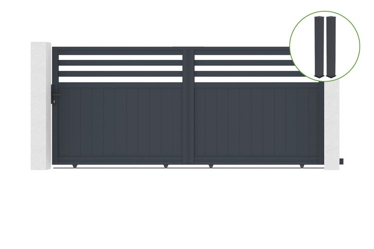 Schiebetor 3,7m NEVIS H.160cm graues Aluminium + 2 Pfosten 20x20cm H.190cm