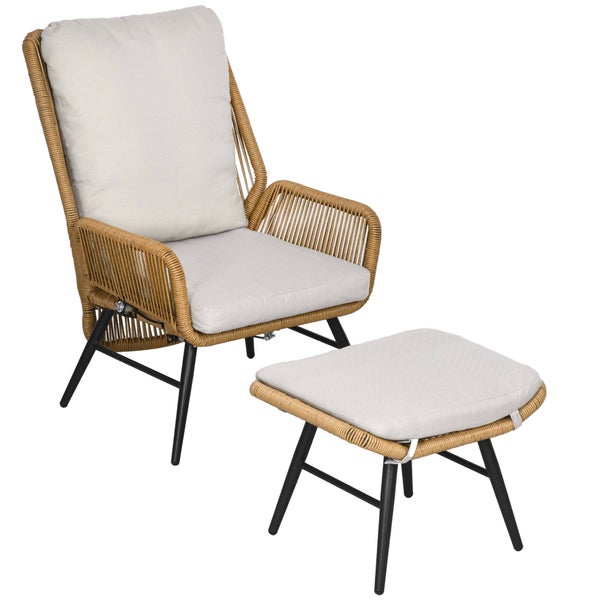 Outsunny Rattan Relaxsessel mit Fußhocker, mit verstellbarer Rückenlehne, mit Kissen, 67L x 83B x 94H cm, Stahl, Polyester, Natur