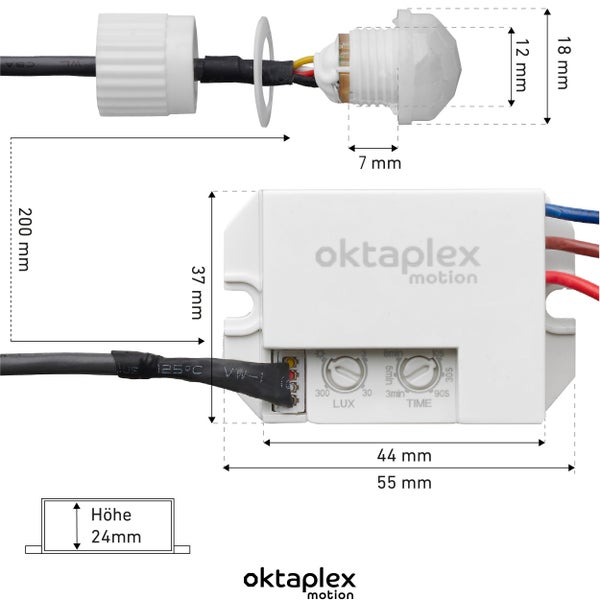 Infrarot-Bewegungsmelder mit 360 Grad Erfassungsbereich, acht Meter Durchmesser, Dämmerungsschalter, Timer und Parallelschaltung. oktaplex motion Logo.