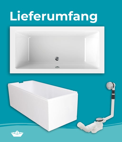 Calmwaters® Acryl Premium Badewanne Komplettset 200x90 cm - Made in EU - mit Wannenträger & Ablaufgarnitur - Duo-Badewanne 2 Personen
