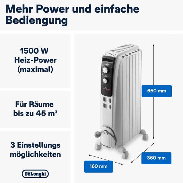 De’Longhi Dragon 4 TRD4 0615 DeLonghi TRD04-0615 Öl-Heizkörper, 6 Elemente, Edelstahl, weiß