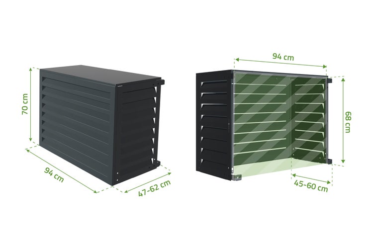 Abfalltonnenbox mit den Maßen 94 x 70 x 47-62 cm und 94 x 68 x 45-60 cm