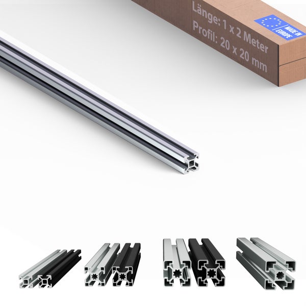 Aluminiumprofil mit den Maßen 20 mal 20 Millimeter und einem Meter mal zwei Meter Länge sowie Verpackungskarton mit Made in Europe Kennzeichen