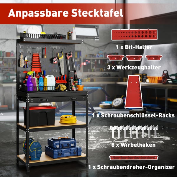 Mobile Werkbank mit anpassbarer Lochwand und Zubehör wie Bithalter Werkzeughalter Schlüsselrack Haken und Schraubendreher-Organizer