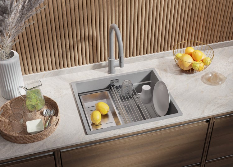 PRIMAGRAN Spülbecken Grau 56x47cm, Granitspüle 1 Becken + Ablauf-Set + Aufrollbare Abtropffläche, Küchenspüle ab 60er Unterschrank - Praga Slim