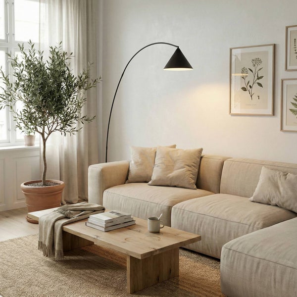 Helles, modernes Wohnzimmer mit beigefarbenem Sofa, Holztisch, schwarzer Bogenstehleuchte und einer Olivenpflanze im Topf.