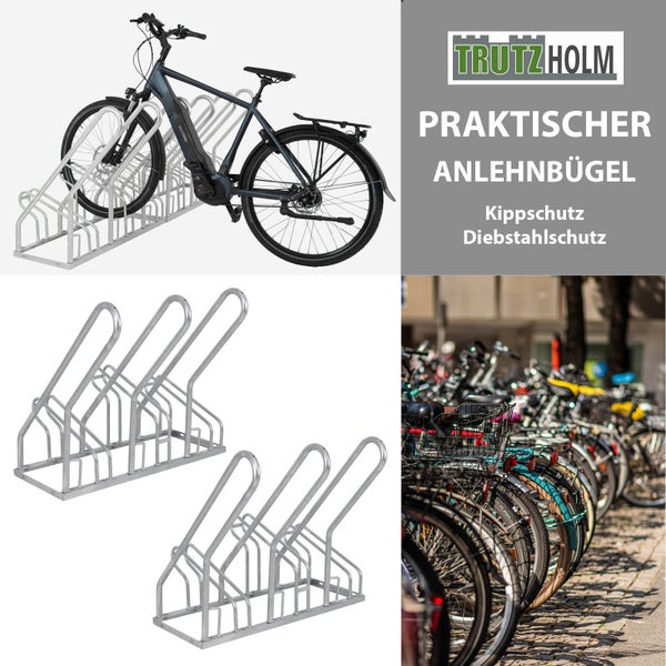 Trutzholm Logo, Fahrradständer aus Metall mit Anlehnbügeln für drei Fahrräder, bietet Kippschutz und Diebstahlschutz.