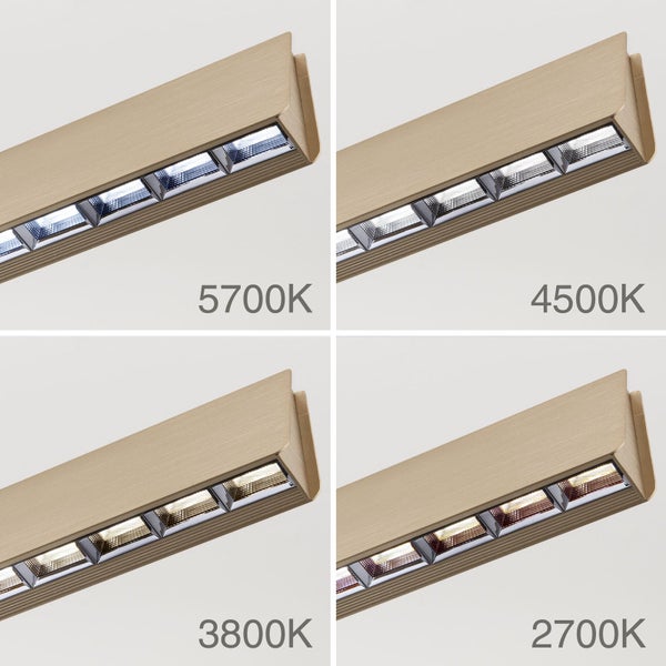 LED Wandleuchte mit verstellbarer Farbtemperatur von 2700 Kelvin bis 5700 Kelvin in einer Leiste mit mehreren Reflektoren.