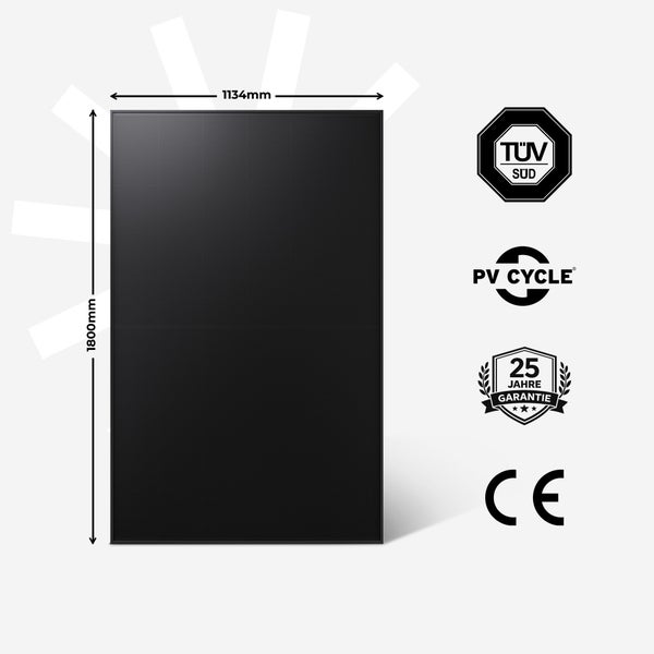 Schwarzes Solarmodul, 1800 Millimeter mal 1134 Millimeter, TÜV SÜD zertifiziert, PV CYCLE Mitglied, 25 Jahre Garantie und CE Kennzeichnung.