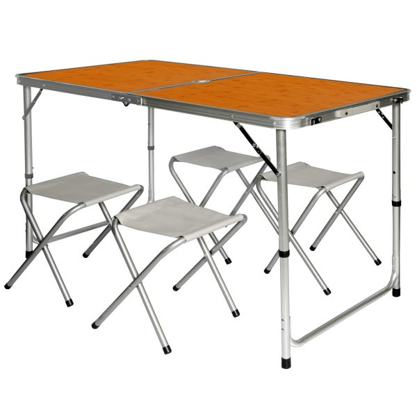 AMANKA klappbarer höhenverstellbarer Campingtisch 120x60x70cm inkl. 4 Falthocker Campingtischset Kofferformat Bambus