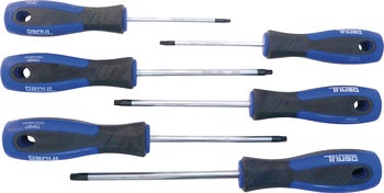 Set mit sechs Torx Schraubendrehern mit ergonomischen Mehrkomponentengriffen aus Metall