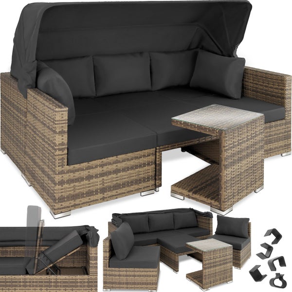 Rattan Lounge tectake San Marino mit Aluminiumgestell mit Sicherheitsglasplatte, variabel aufstellbar