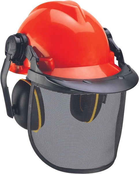 Forstschutzhelm mit integriertem Gehörschutz und hochklappbarem Drahtvisier für Forstarbeiten