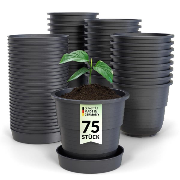 Set mit 75 Kunststoff Pflanztöpfen inklusive Untersetzern für Garten und Balkon, hergestellt in Deutschland.