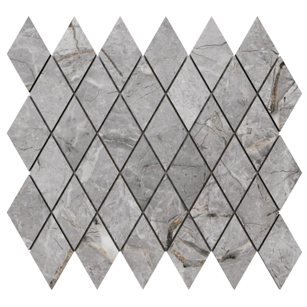 Graue Mosaikfliese aus Marmor in Rautenform.