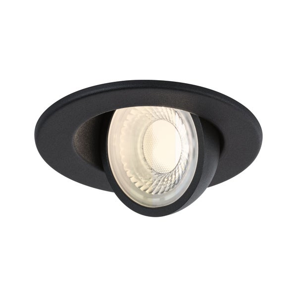 Schwenkbarer LED-Einbaustrahler in Schwarz mit rundem Gehäuse und warmweißem Licht.