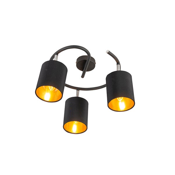 Dreiflammige Deckenleuchte mit geschwungenem Metallgestell und zylindrischen Stoffschirmen in Schwarz und Gold.